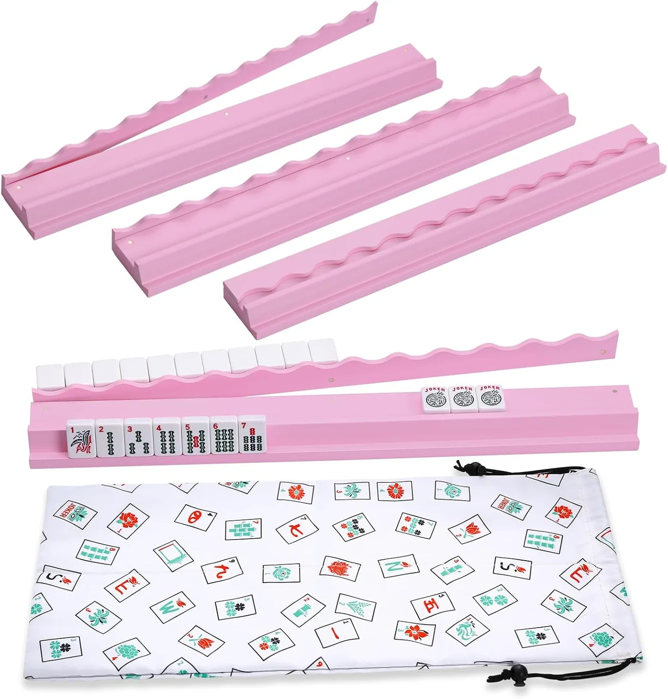 LUMIVIA — Mahjong Racks with Pushers, Pink Wooden American Mahjong Tile Pushers and Racks Set of 4 (19.68 Inches)