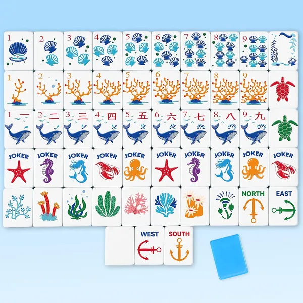Simgoing — 160 Pcs American Mahjong Tiles Set, Blue Ocean Theme, with Playing Cards