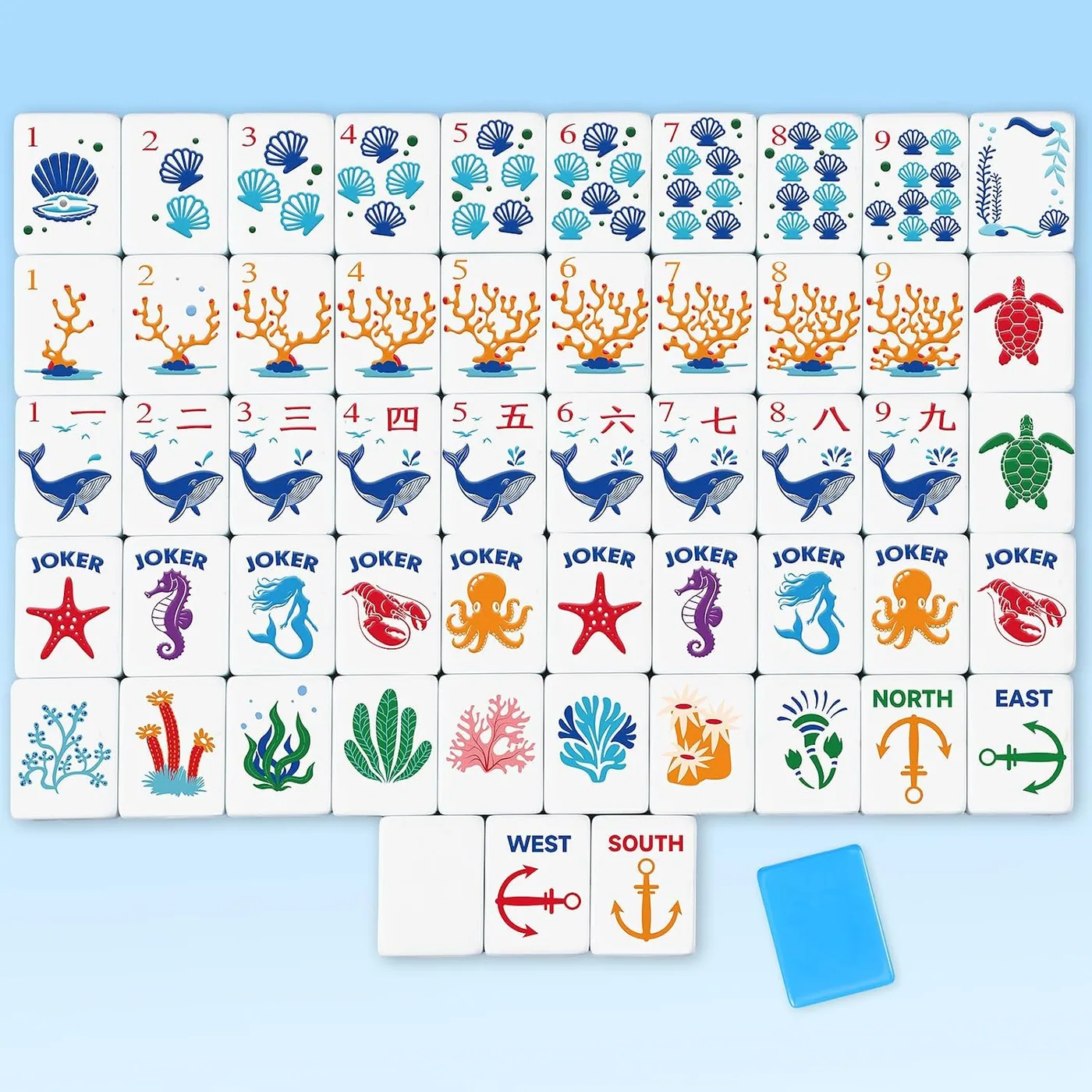 Simgoing — 160 Pcs American Mahjong Tiles Set, Blue Ocean Theme, with Playing Cards