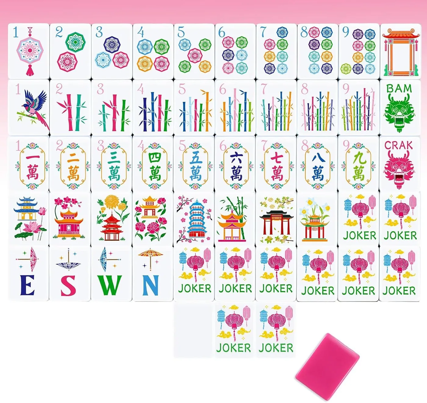 Simgoing — 160 Pcs American Mahjong Tiles Engraved, Chinoiserie, Rose Red
