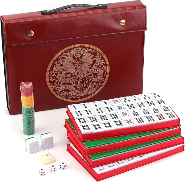 Mose Cafolo — Chinese Mahjong Set X-Large 146 Numbered Melamine 1.5" Tiles with Carrying Travel Case (Green Tiles)