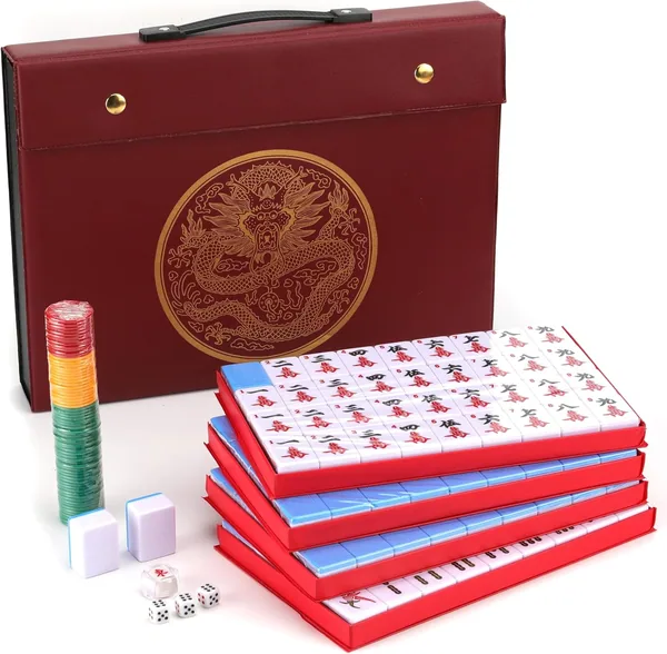 Mose Cafolo — Chinese Mahjong Game Set 1.5" X-Large 144 Numbered White Blue Melamine Tiles with Carrying Travel Case