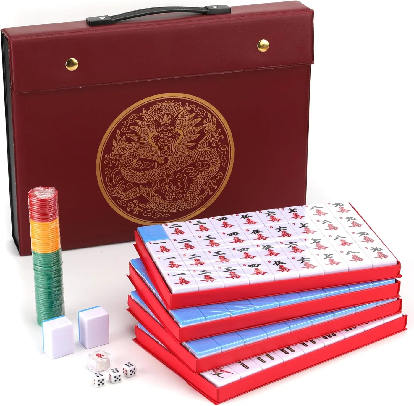 Mose Cafolo — Chinese Mahjong Game Set 1.5" X-Large 144 Numbered White Blue Melamine Tiles with Carrying Travel Case