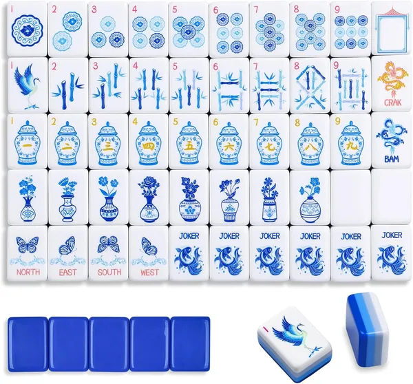 TIASUSAN — American Mahjong Tile Set (4 Layer), 160 Blue Acrylic Engraved Tiles with Bag and Accessories
