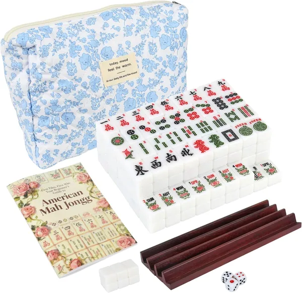AurAlchemy — Travel American Mahjong Tile Set, 166 Mini 0.8" Tiles with Wooden Racks and Floral Bag