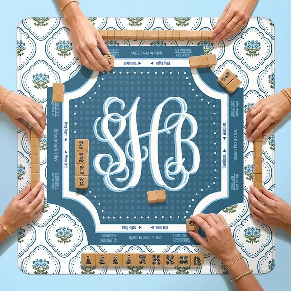 Custom Mahjong Mat, Dixie (Blue Block Print)