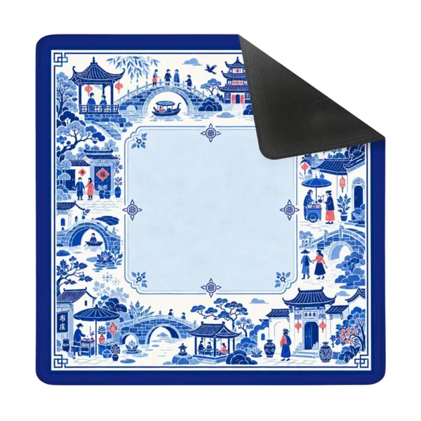 Blue Chinoiserie Mahjong Mat with Chinese Village Scene