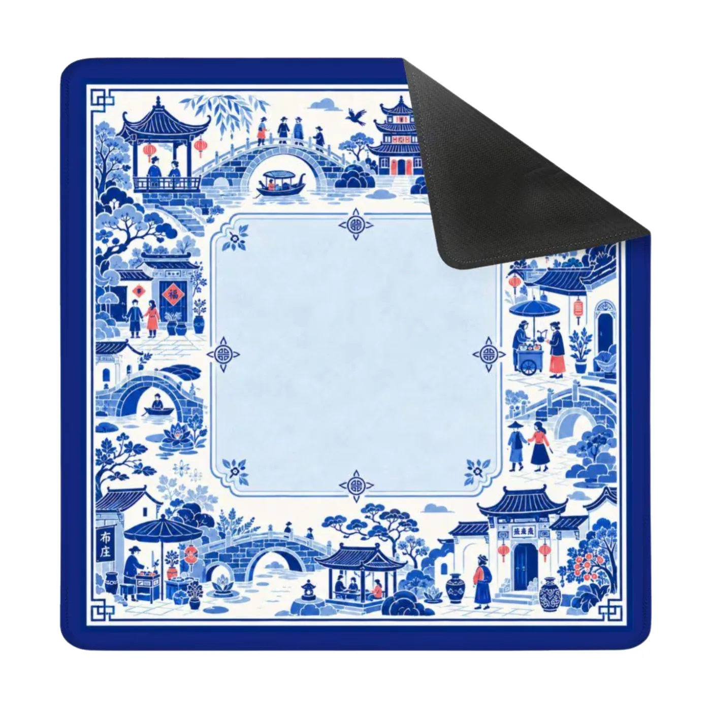 Blue Chinoiserie Mahjong Mat with Chinese Village Scene