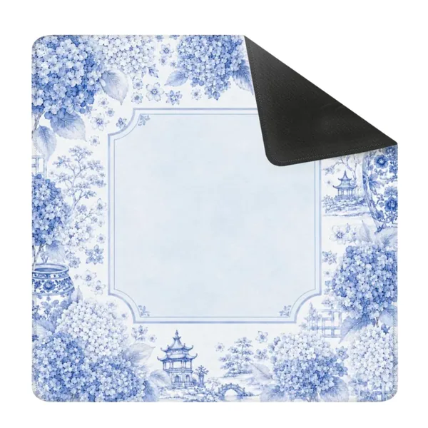 Blue Chinoiserie Mahjong Mat with Hydrangea Floral Design