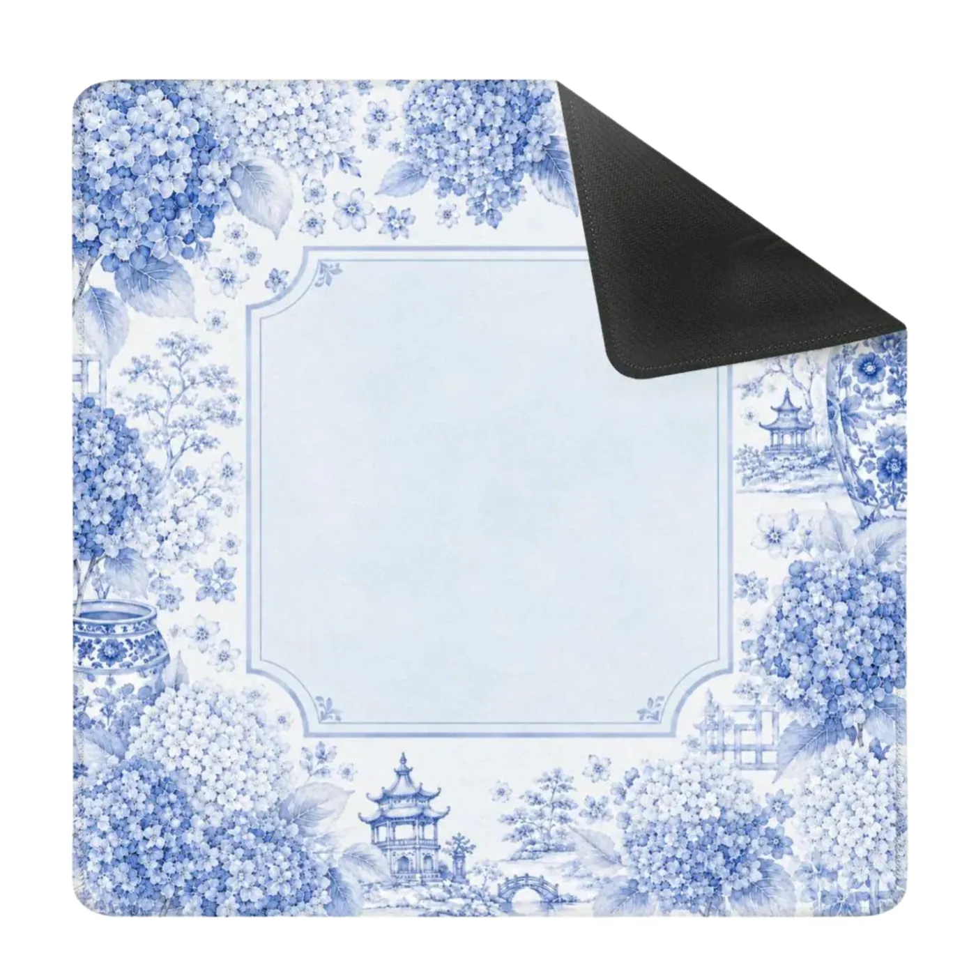 Blue Chinoiserie Mahjong Mat with Hydrangea Floral Design