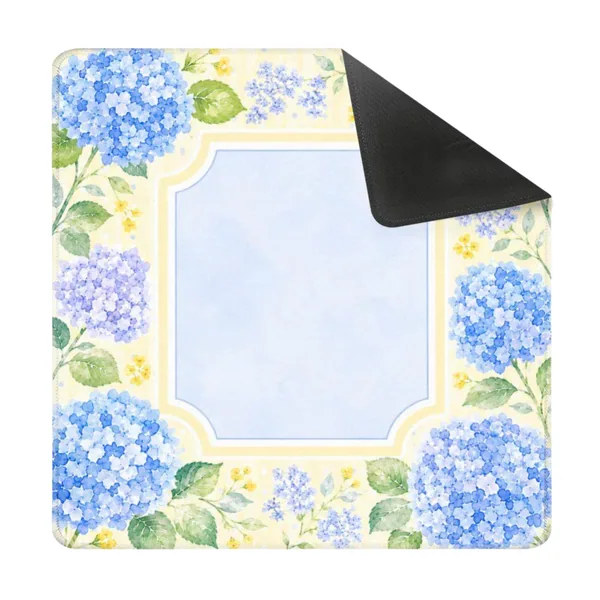 Blue Hydrangea Mahjong Mat with Soft Yellow Floral Border