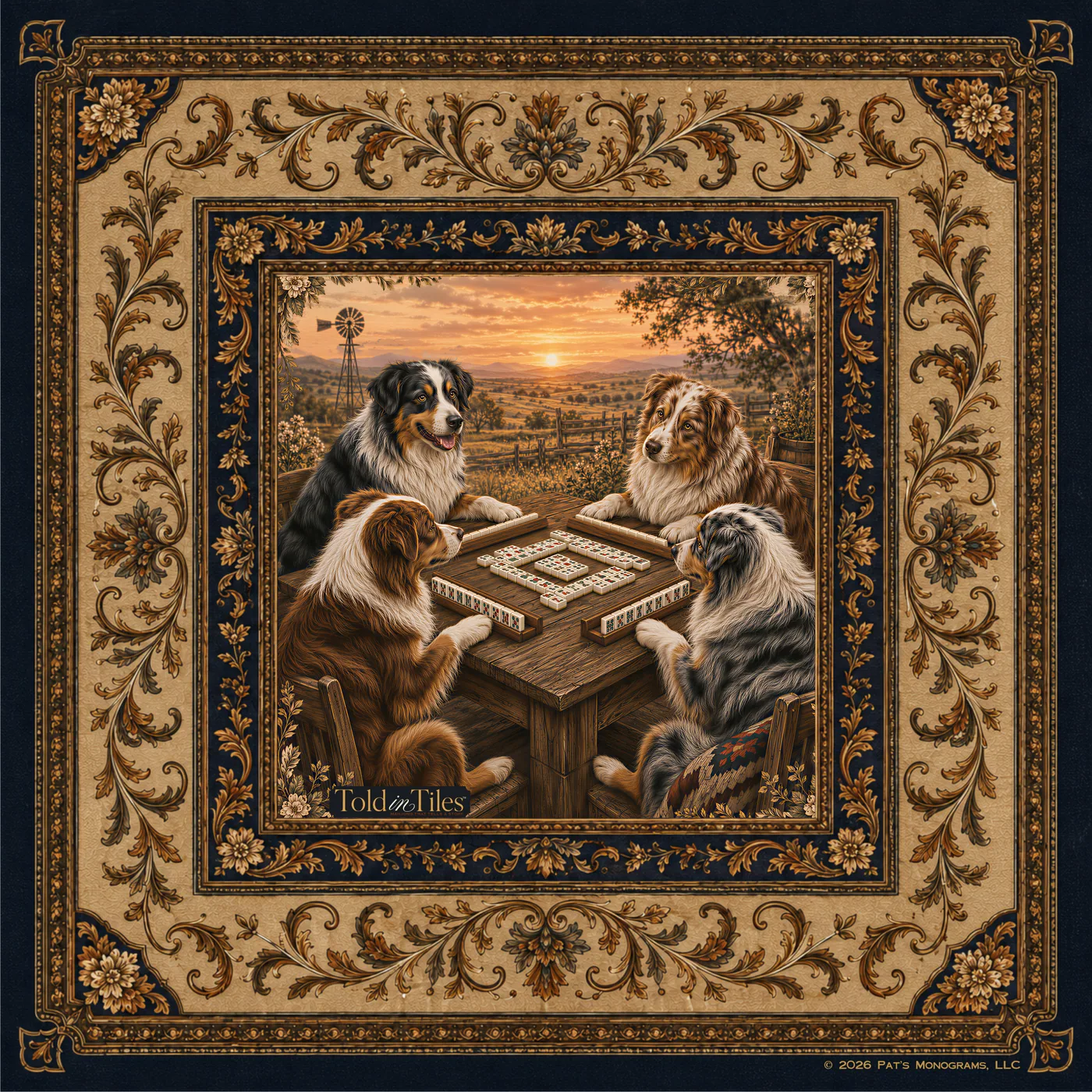 Sundown at The Table — Australian Shepherd Mahjong Mat