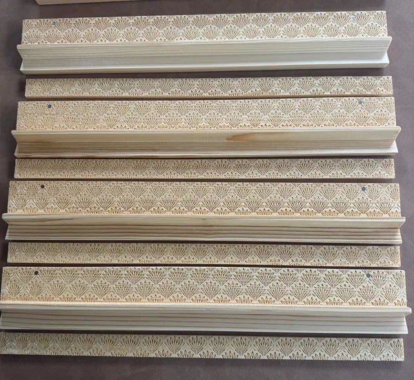 Engraved Natural Pine Wooden Racks & Pushers, Set of 4 — Fan Motif
